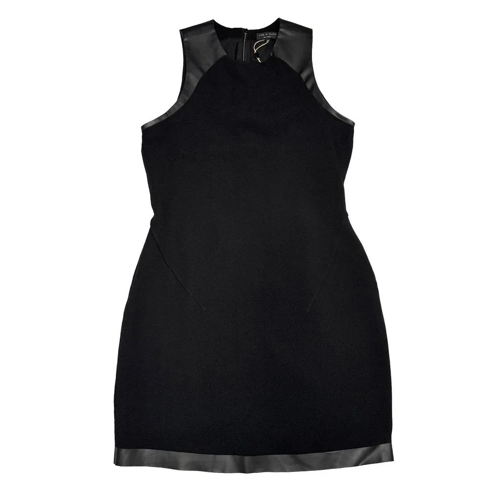 Rag & Bone Nudie Mini Dress Black Crepe Sheath Vegan Leather Trim Women's 4 NWT
